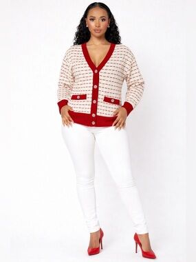 Red & White Chanel Cardigan size 36 small fits more like a medium.